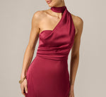 Stretch Satin Asymmetrical Halter Gown In Crimson Haze 3