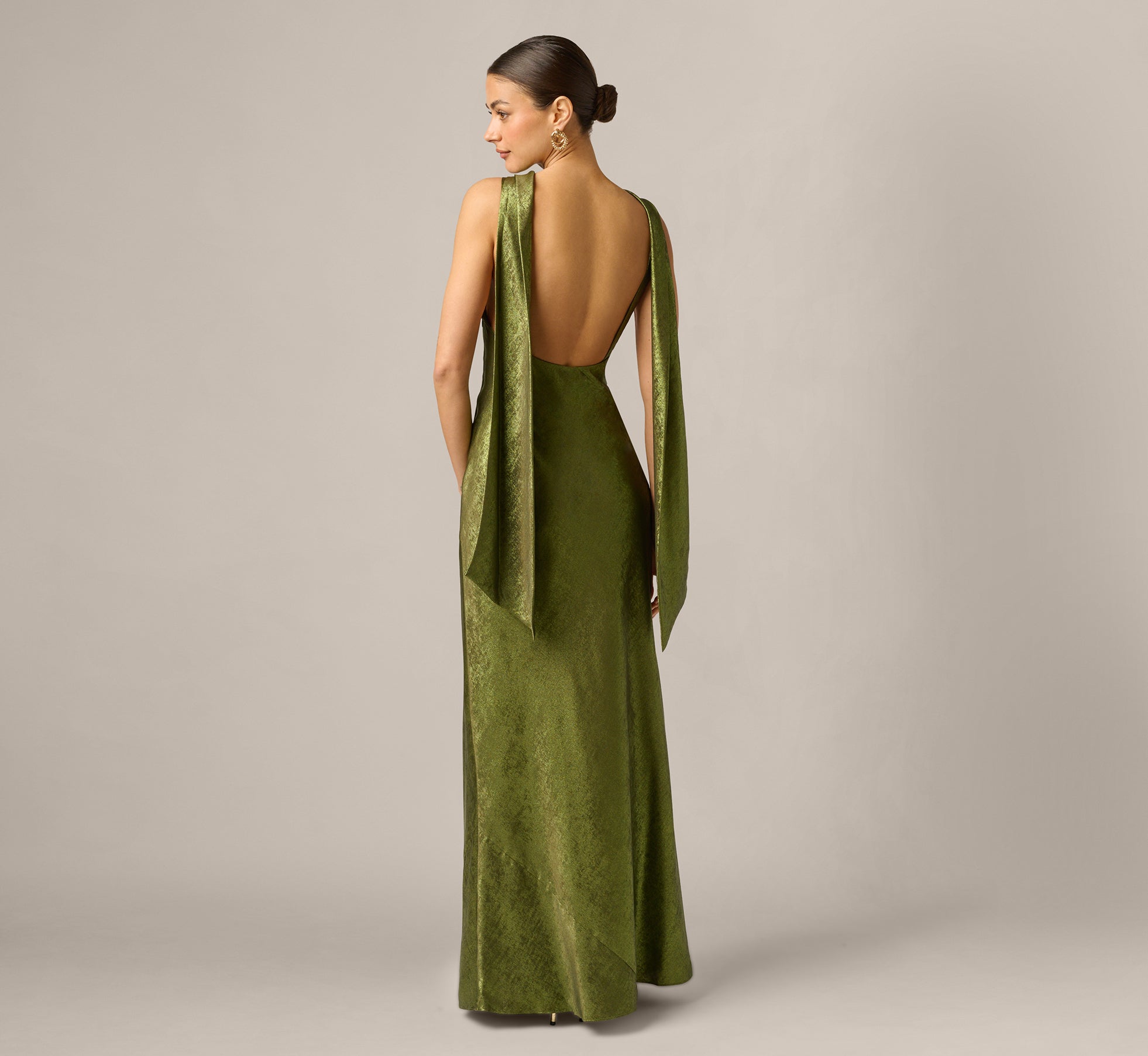Foil Chiffon Cowled Scarf Halter Gown In Dark Olive, Dark Olive / Regular / 0