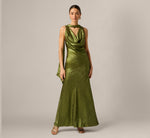 Foil Chiffon Cowled Scarf Halter Gown In Dark Olive 2