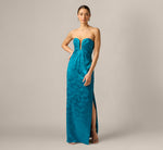 Strapless Floral Jacquard Plunge Gown In Peacock 2