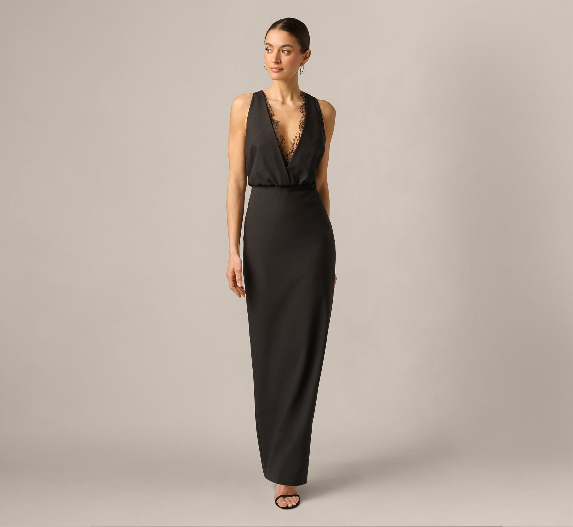 Womens Adrianna Papell Black Adrianna By Crepe And Lace Long Dress US 6