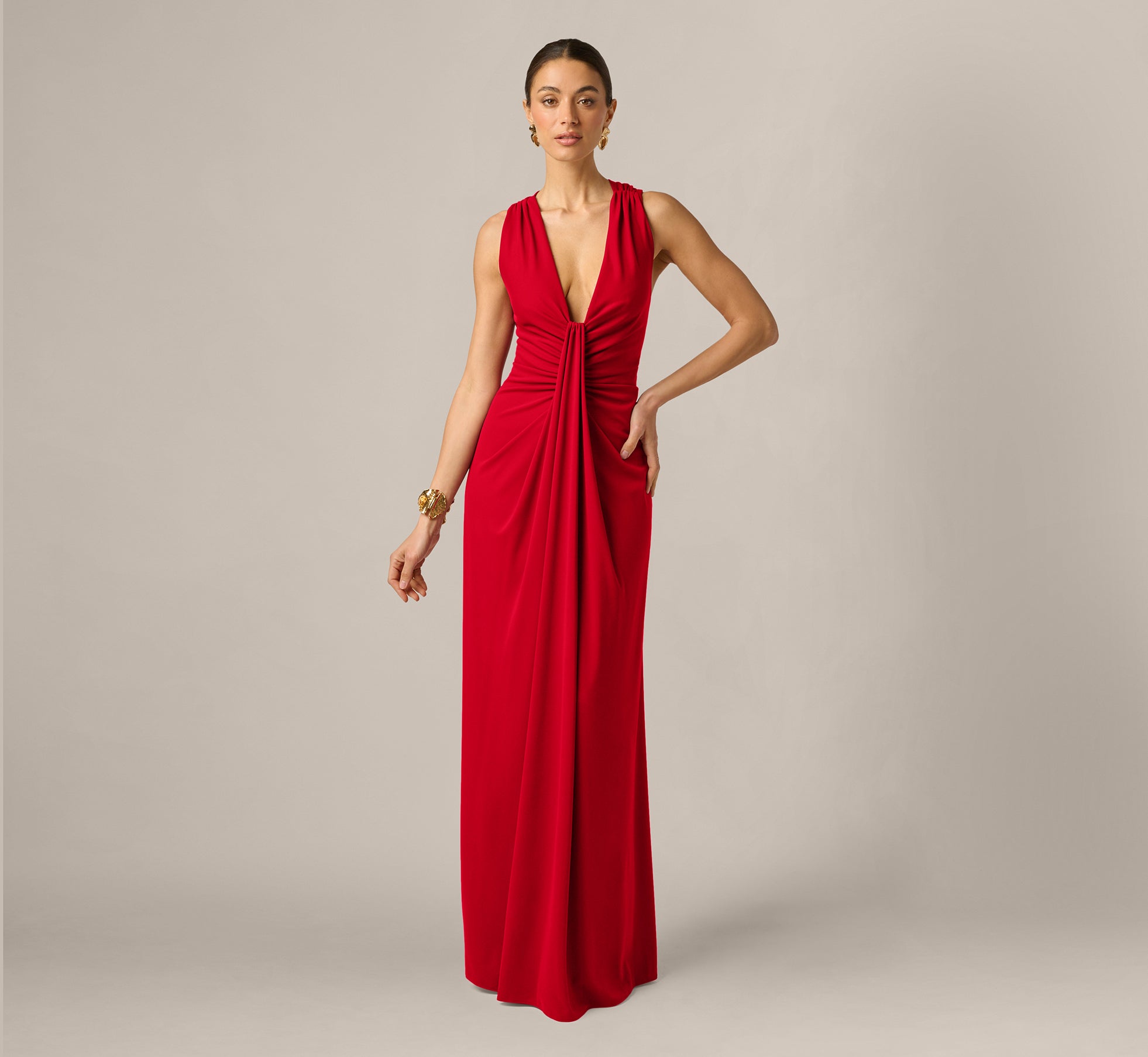 Draped Stretch Jersey Cross Back Plunge Gown In Red, Red / Regular / 0
