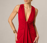 Draped Stretch Jersey Cross Back Plunge Gown In Red 3