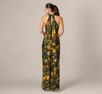 Floral Stretch Satin Scarf Halter Gown In Black Multi 5