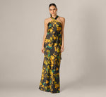 Floral Stretch Satin Scarf Halter Gown In Black Multi 2