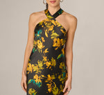 Floral Stretch Satin Scarf Halter Gown In Black Multi 3