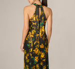 Floral Stretch Satin Scarf Halter Gown In Black Multi 4