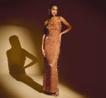 Sequin Knit Cowl Neck Gown In Rose Gold 1