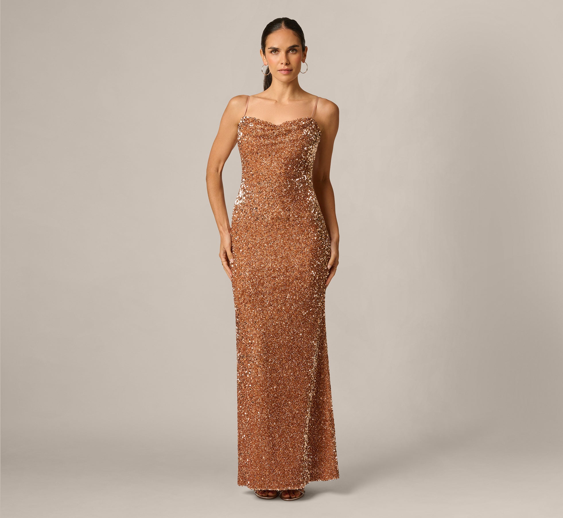 Sequin Knit Cowl Neck Gown In Rose Gold, Rose Gold / Regular / 20