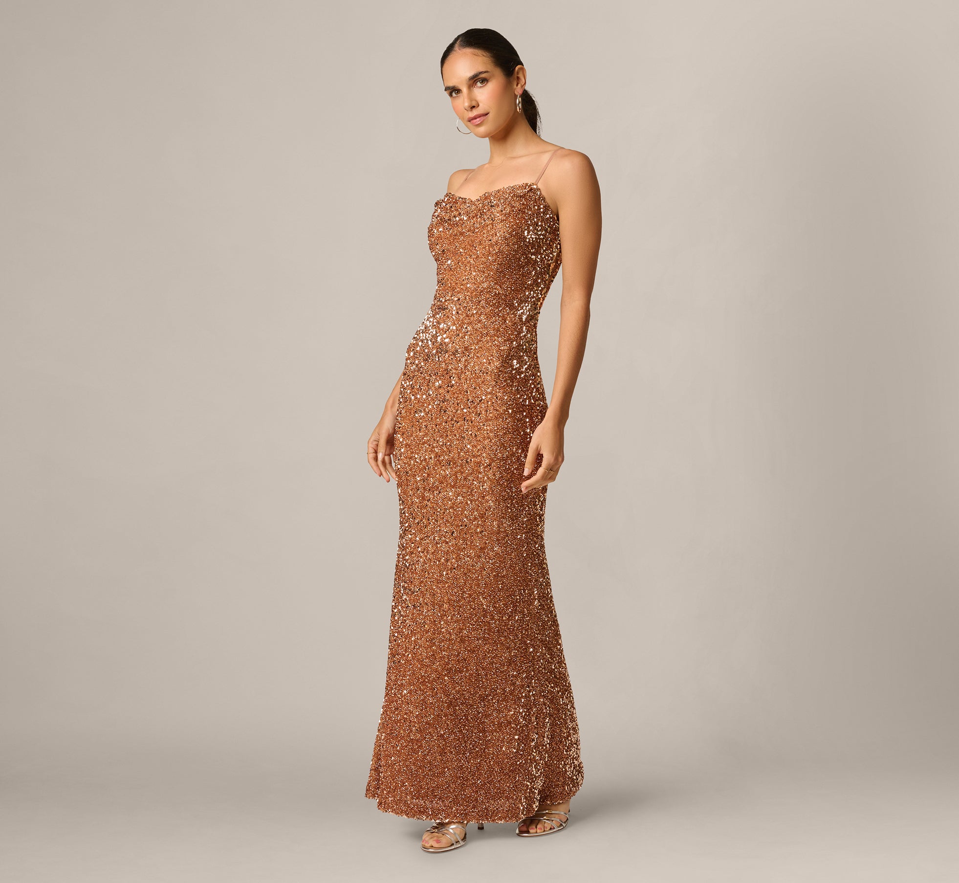 Sequin Knit Cowl Neck Gown In Rose Gold 1