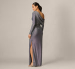 Long Sleeve One Shoulder Draped Metallic Gown In Midnight Blue 5