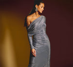 Long Sleeve One Shoulder Draped Metallic Gown In Midnight Blue 1