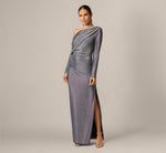 Long Sleeve One Shoulder Draped Metallic Gown In Midnight Blue 2