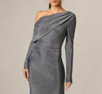 Long Sleeve One Shoulder Draped Metallic Gown In Midnight Blue 3