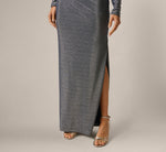 Long Sleeve One Shoulder Draped Metallic Gown In Midnight Blue 4