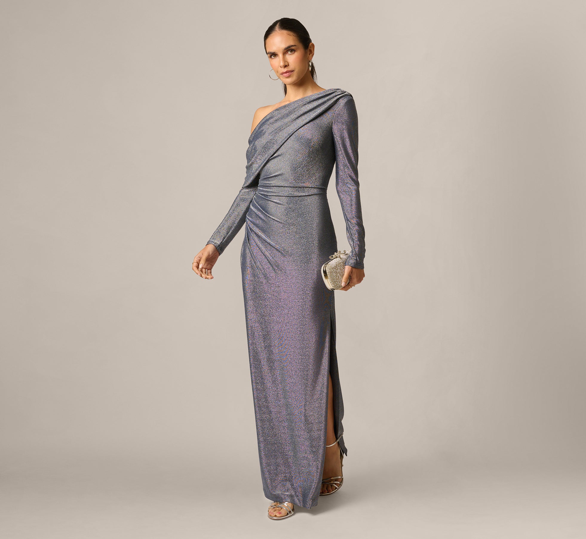 Long Sleeve One Shoulder Draped Metallic Gown In Midnight Blue 1