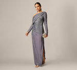 Long Sleeve One Shoulder Draped Metallic Gown In Midnight Blue 1