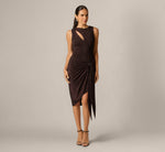 Stretch Shimmer Knit Asymmetrical Keyhole Cocktail Dress In Chocolate 1