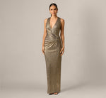 Textured Metallic Knit Plunge Neck Gown In Gold 2