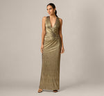 Textured Metallic Knit Plunge Neck Gown In Gold 1