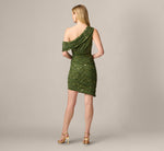 One Shoulder Draped Sequin Beaded Mini Dress In Olive Cypress 5
