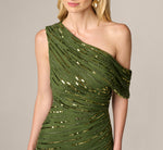 One Shoulder Draped Sequin Beaded Mini Dress In Olive Cypress 3