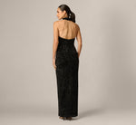 Sequin Velvet Open Back Halter Gown In Black 5