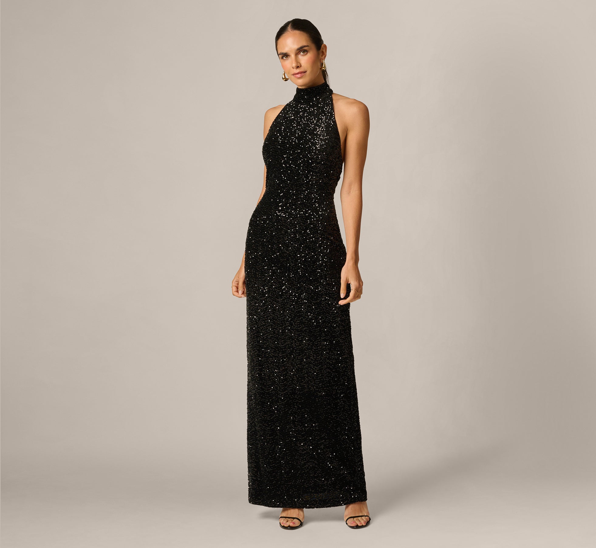 adrianna papell black sequin dress Women's Halter Open-Back Long - classic dress shoes A dramatic ruffle cascades Women's Premium White Woven Color:M-Plum