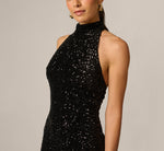 Sequin Velvet Open Back Halter Gown In Black 3