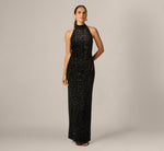 Sequin Velvet Open Back Halter Gown In Black 1