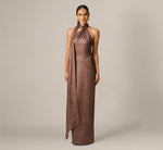 Foiled Chiffon Asymmetrical Halter Scarf Gown In Espresso 2