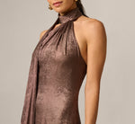 Foiled Chiffon Asymmetrical Halter Scarf Gown In Espresso 3