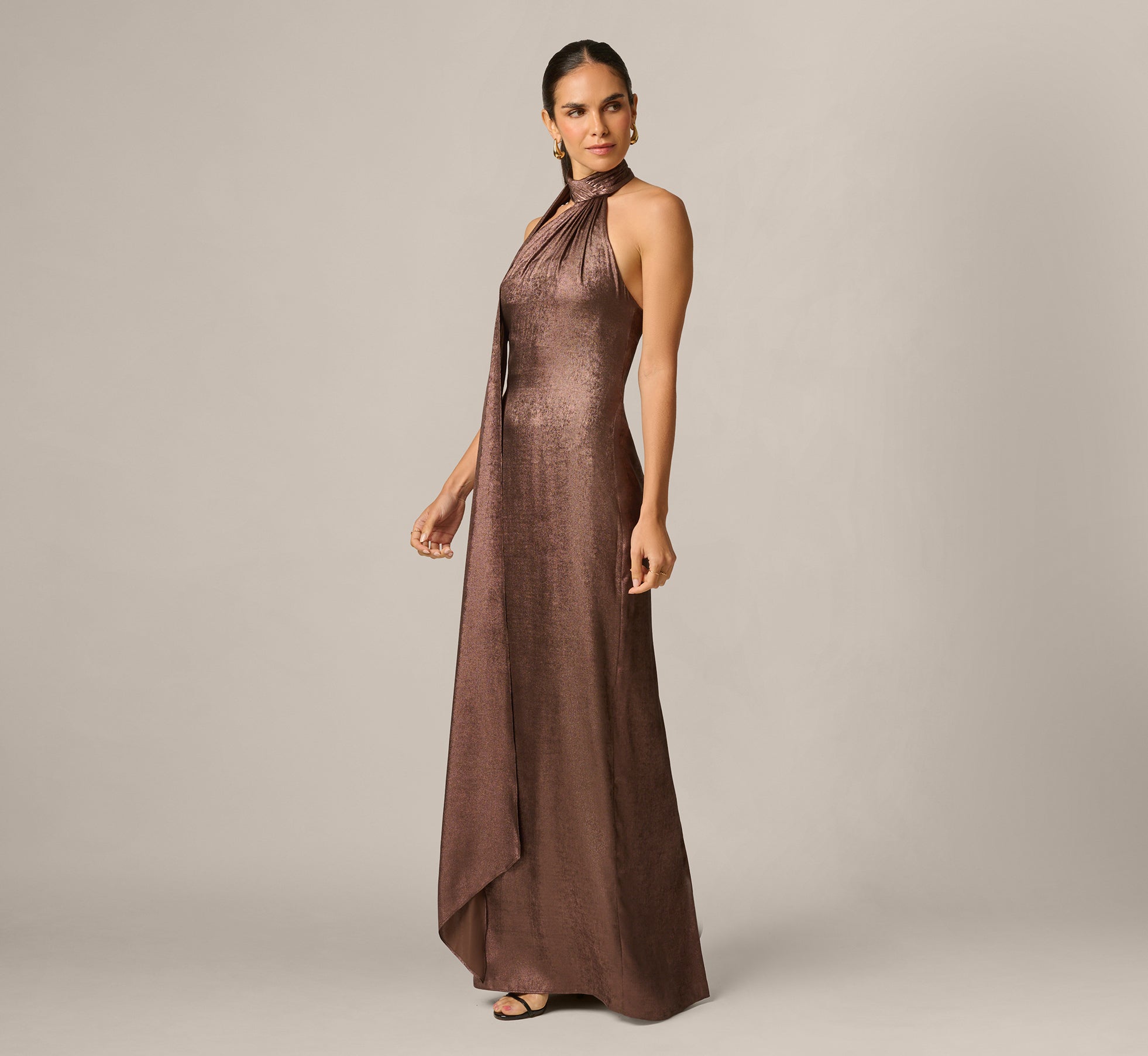 Foiled Chiffon Asymmetrical Halter Scarf Gown In Espresso 1