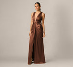 Crinkle Satin Twist Front Plunge Gown In Espresso 2