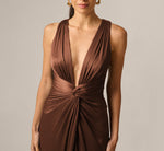 Crinkle Satin Twist Front Plunge Gown In Espresso 3