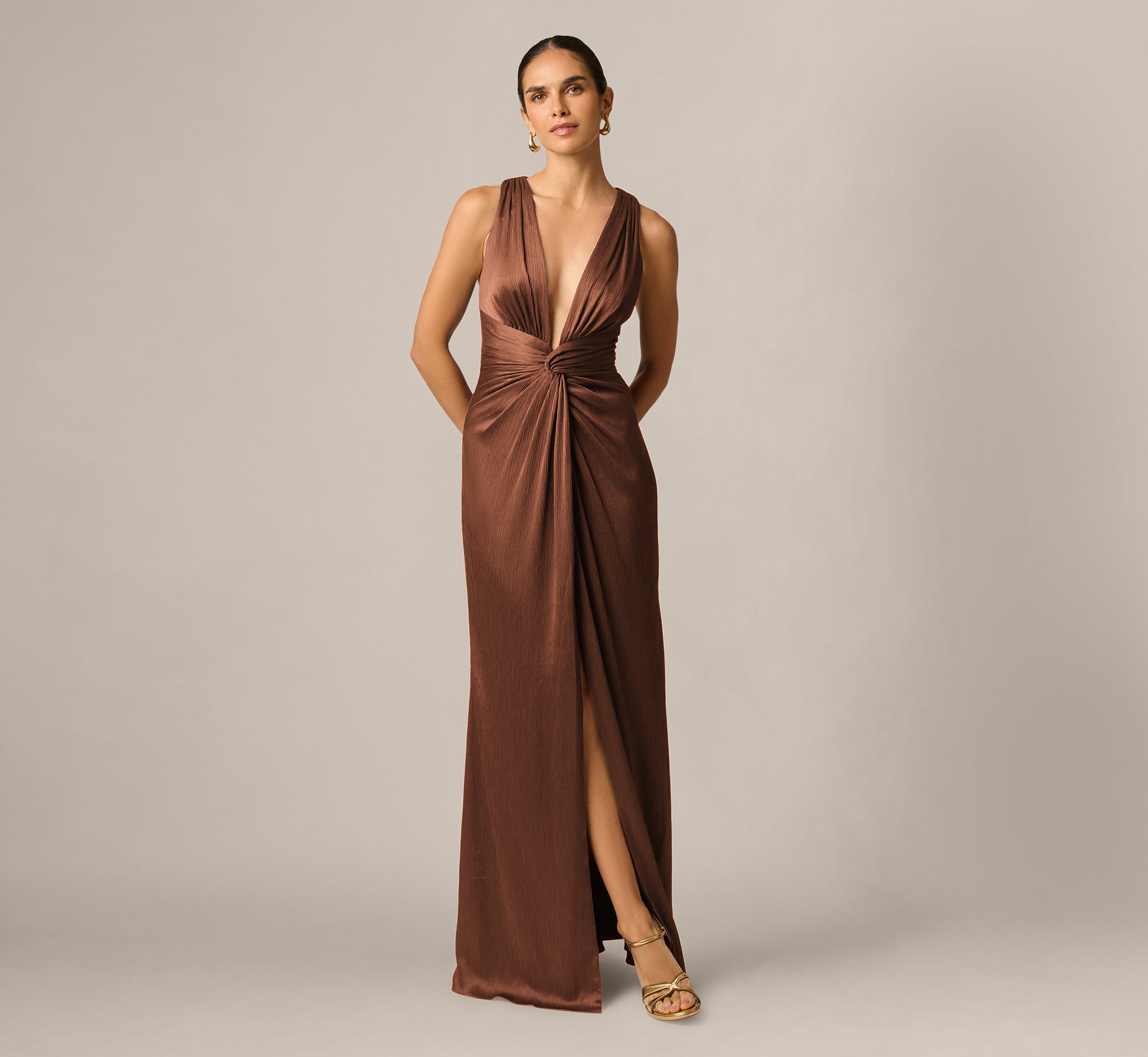 Crinkle Satin Twist Front Plunge Gown In Espresso 1