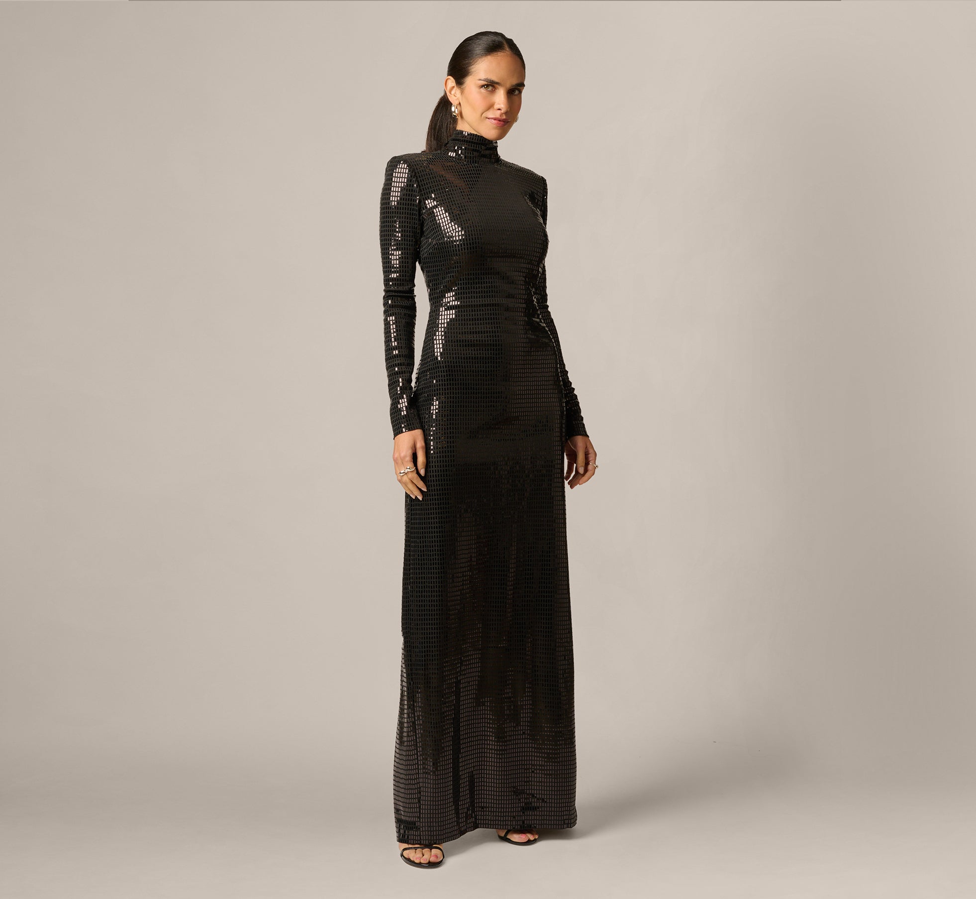 Black Long Sleeve Shimmer Knit Open Back Gown
