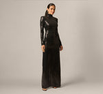 Long Sleeve Shimmer Knit Open Back Gown In Black 2