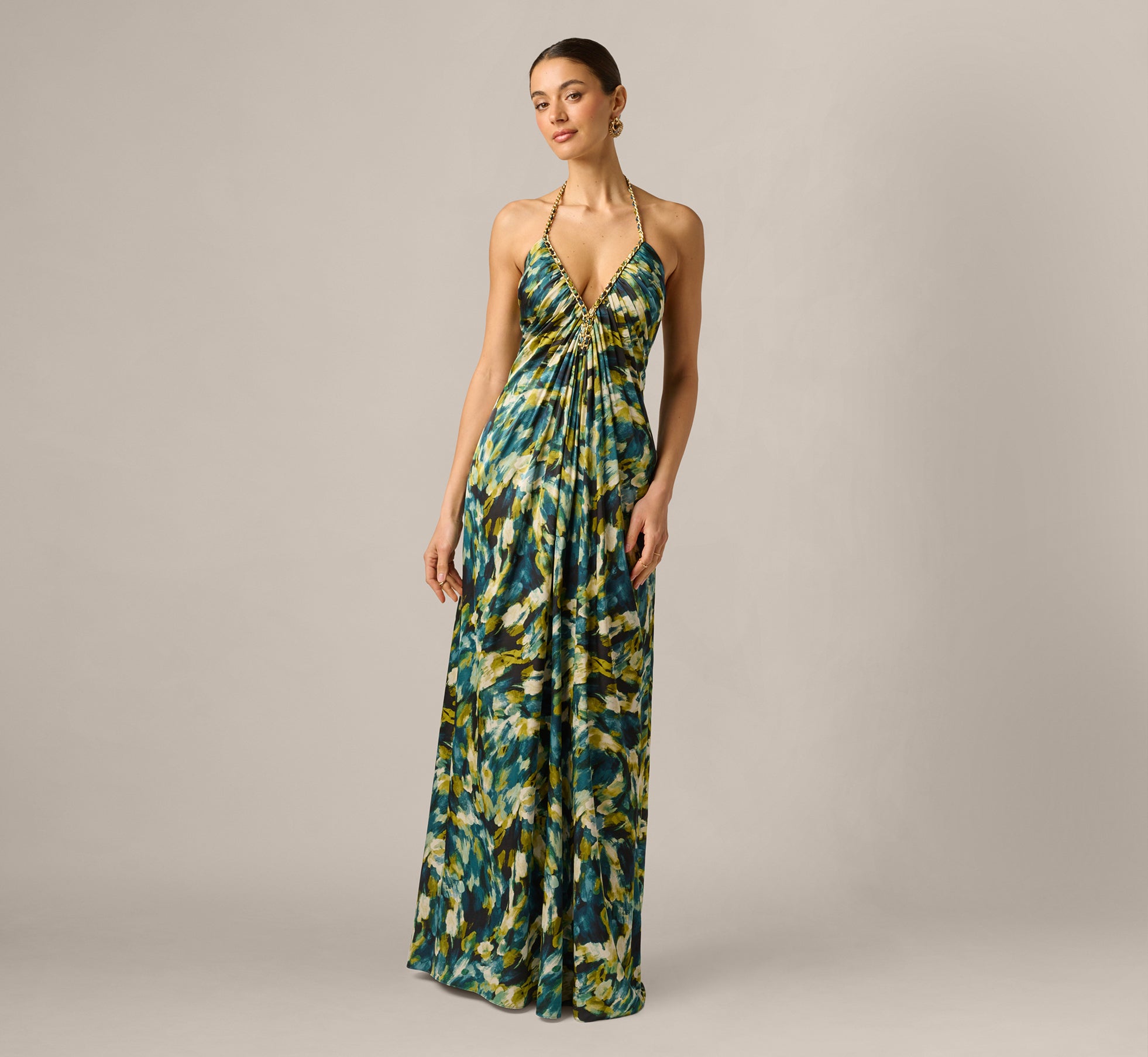 adrianna papell maxi dress Women's Printed Halter Neck - Green Multi Study Outfits and formal evening celebrations TOP 10 BEST Consignment Display Option:Gift Box Arrangement