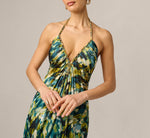 Printed Stretch Satin Chain Halter Gown In Green Multi 3