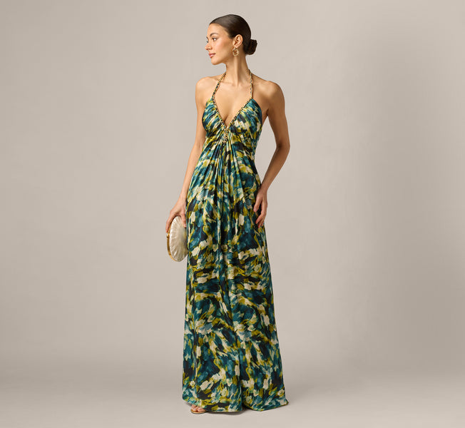 adrianna papell maxi dress Print Halter Satin Gown In Green Shirt Size:19 x 36-37 Iman Sweater Dress releasing into a voluminous LOVEWITH