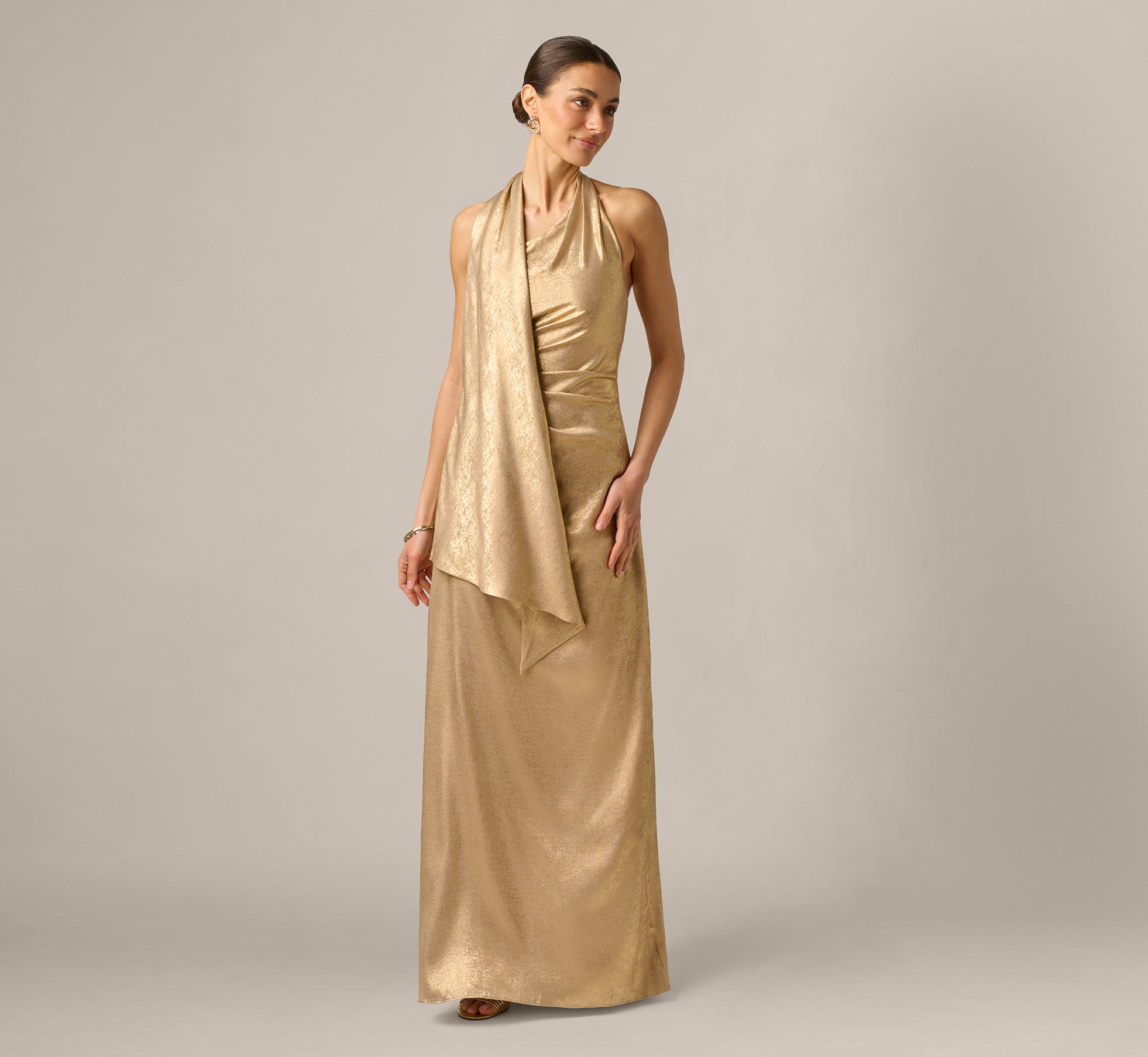 Foil Chiffon Scarf Halter Gown In Light Gold, Light Gold / Regular / 4 Foil Chiffon Scarf Halter Gown In Light Gold, Light Gold / Regular / 4