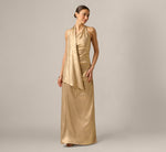 Foil Chiffon Scarf Halter Gown In Light Gold 2