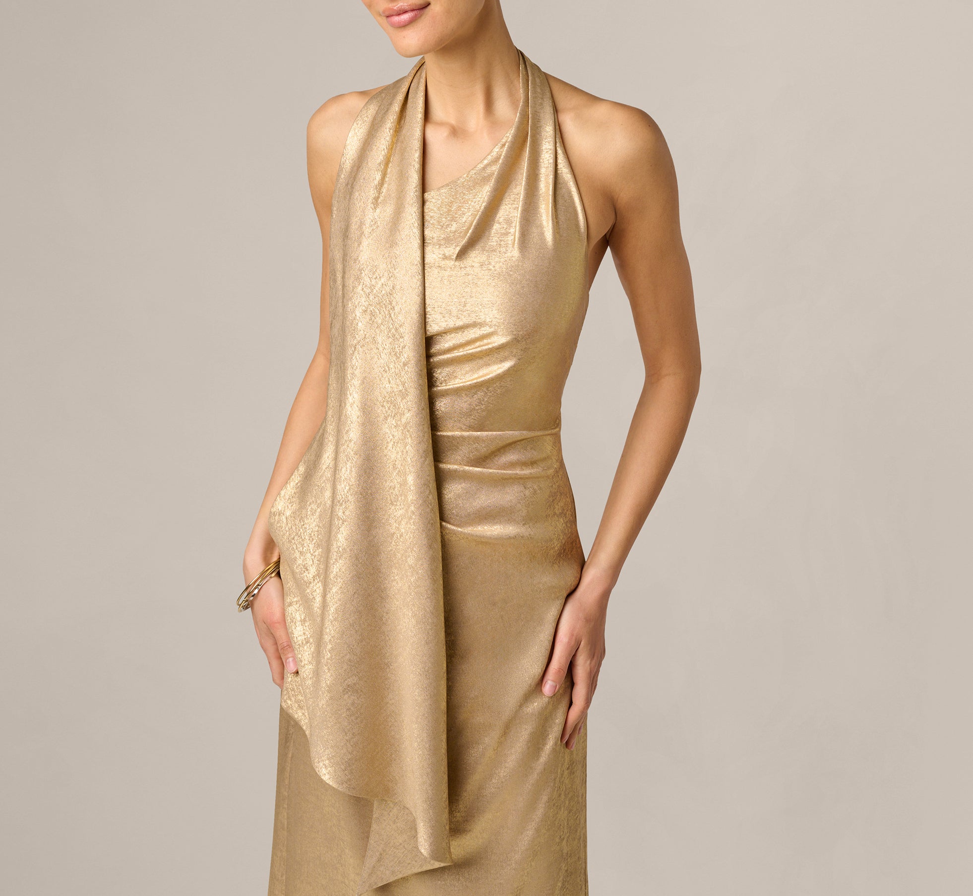 Gold Foil Chiffon Scarf Halter Gown