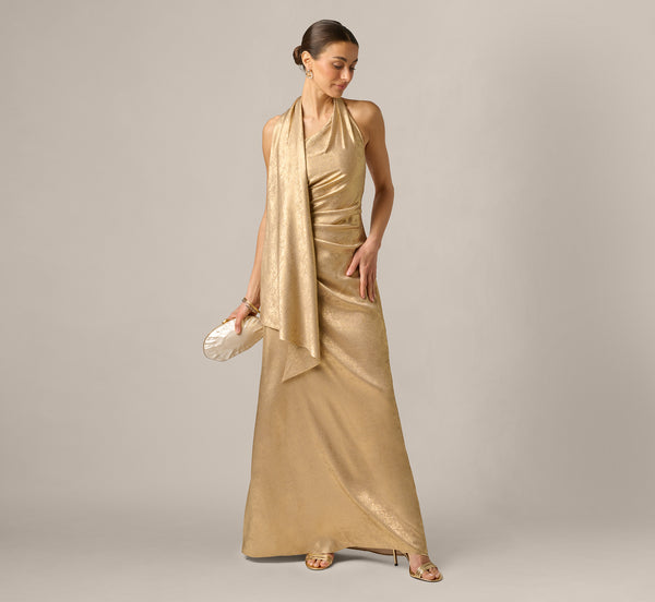 Foil Chiffon Scarf Halter Gown In Light Gold, Light Gold / Regular / 4 Foil Chiffon Scarf Halter Gown In Light Gold, Light Gold / Regular / 4