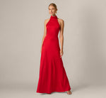 Stretch Satin Turtleneck Halter Open Back Gown In Red 2