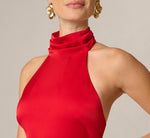 Stretch Satin Turtleneck Halter Open Back Gown In Red 3