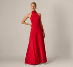 Stretch Satin Turtleneck Halter Open Back Gown In Red 1