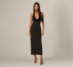 Sequin Plunge Halter Column Dress In Black 2