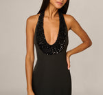 Sequin Plunge Halter Column Dress In Black 3